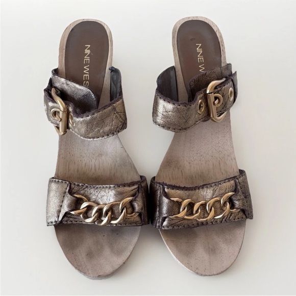 Vintage 90s Y2K Nine West Flirty n fun Gold Leather Gold Chain Platform Sandals - Picture 3 of 8